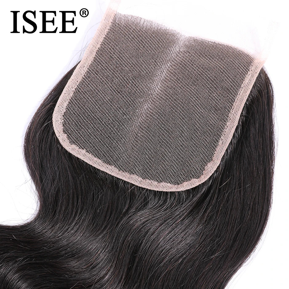 ISEE HAIR Brazilian Body Wave Closure Free Part Hand Tied 100% Remy Human Hair 4*4 Lace Closure Free Shipping Nature Color