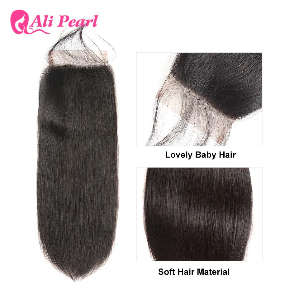 Straight 5x5 Closure Human Hair Pre-Plucked With Baby Hair Swiss Lace Free Part Lace Closure Natural Black Color Ali Pearl Hair