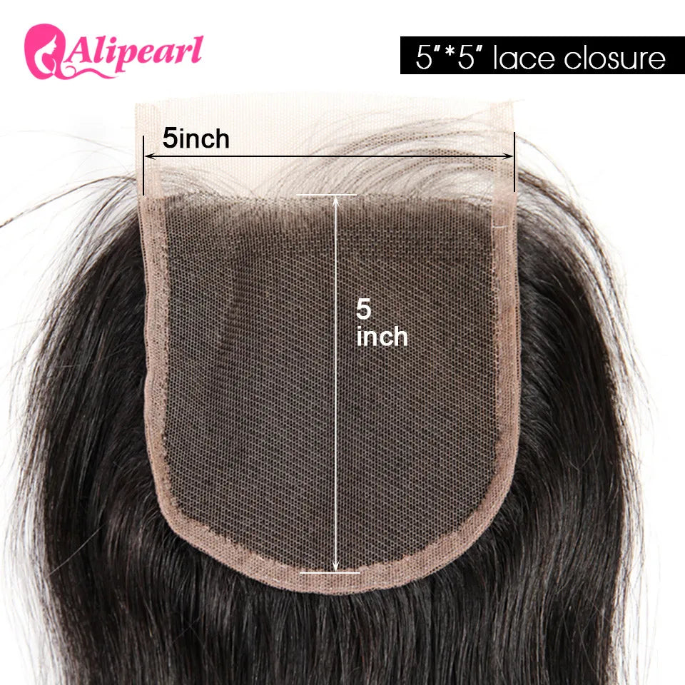 Straight 5x5 Closure Human Hair Pre-Plucked With Baby Hair Swiss Lace Free Part Lace Closure Natural Black Color Ali Pearl Hair