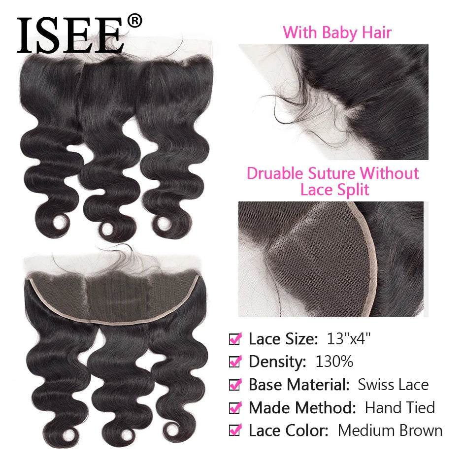 ISEE HAIR Malaysian Body Wave Lace Frontal Closure 13*4 Lace Frontal Remy Human Hair Weaves Ear To Ear Free Part With Baby Hair