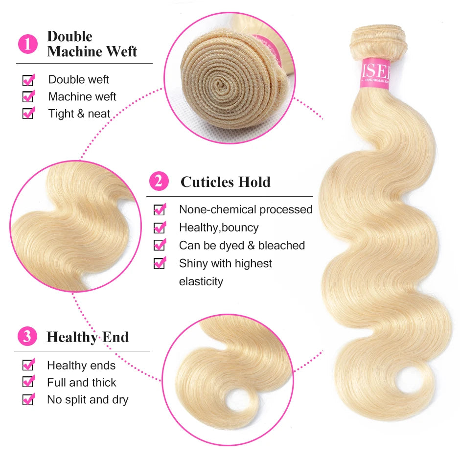 ISEE Brazilian Body Wave 613 Blonde Hair 100% Human Hair Bundles Remy Hair Extension Machine Double Weft Hair Weaving