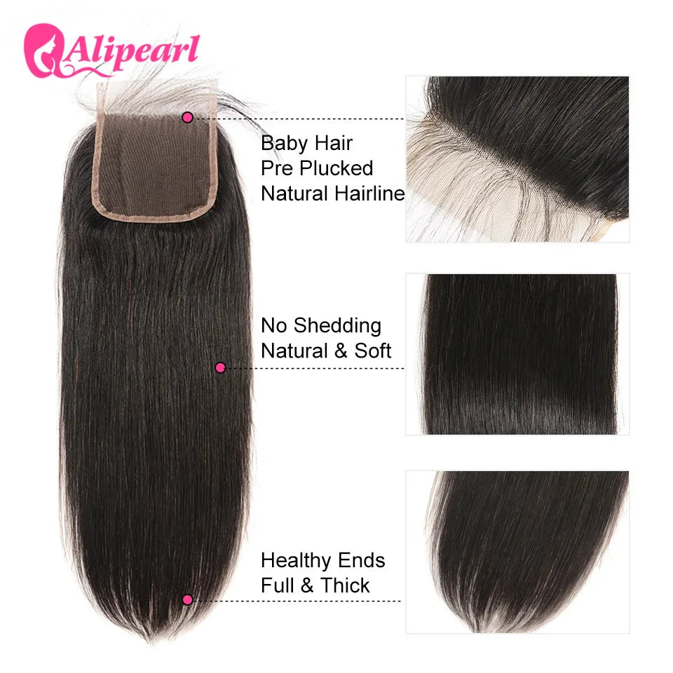 Straight 5x5 Closure Human Hair Pre-Plucked With Baby Hair Swiss Lace Free Part Lace Closure Natural Black Color Ali Pearl Hair