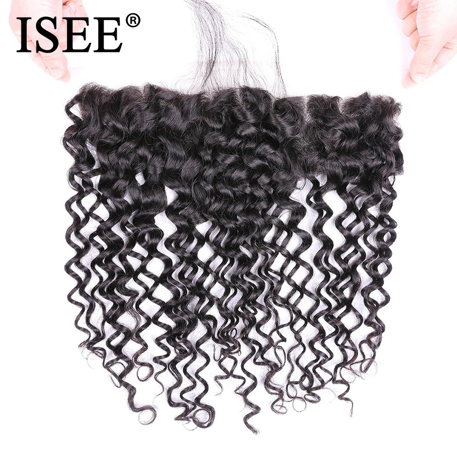 ISEE HAIR Brazilian Deep Wave Frontal Lace Closure With Baby Hair 100% Remy Human Hair Extensions 13*4 Hand Tied Hair Extension