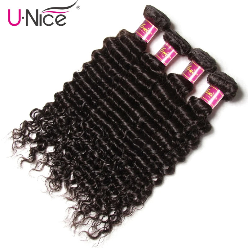 Unice Hair Deep Wave Brazilian Hair Weave Bundles 3 PCS Natural Color 100% Human Hair Weaving Remy Hair Extension 12-26 Inch