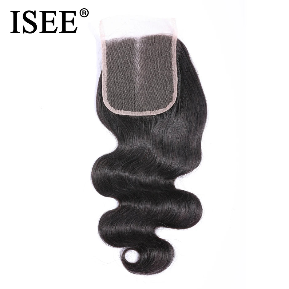 ISEE HAIR Brazilian Body Wave Closure Free Part Hand Tied 100% Remy Human Hair 4*4 Lace Closure Free Shipping Nature Color