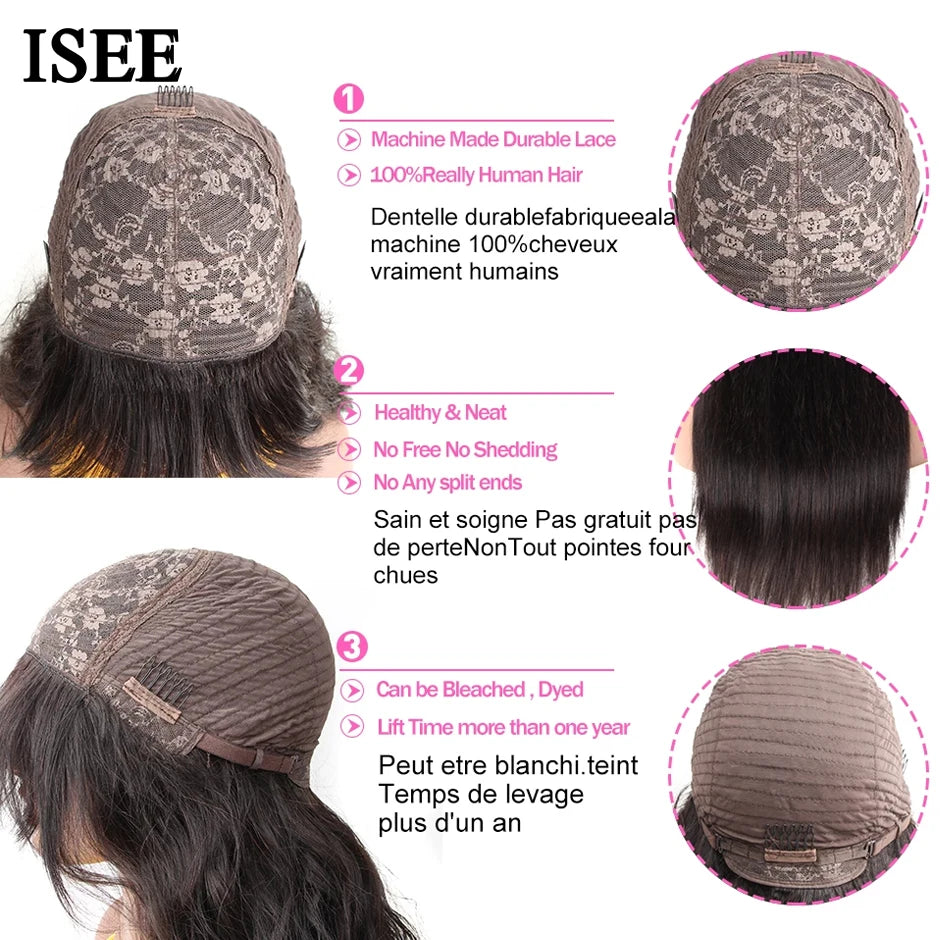 ISEE HAIR Machine Made Sew In Short Bob Wig With Bangs Human Hair Wigs Mongolian Curly Wig with Bang For Women Glueless Wigs