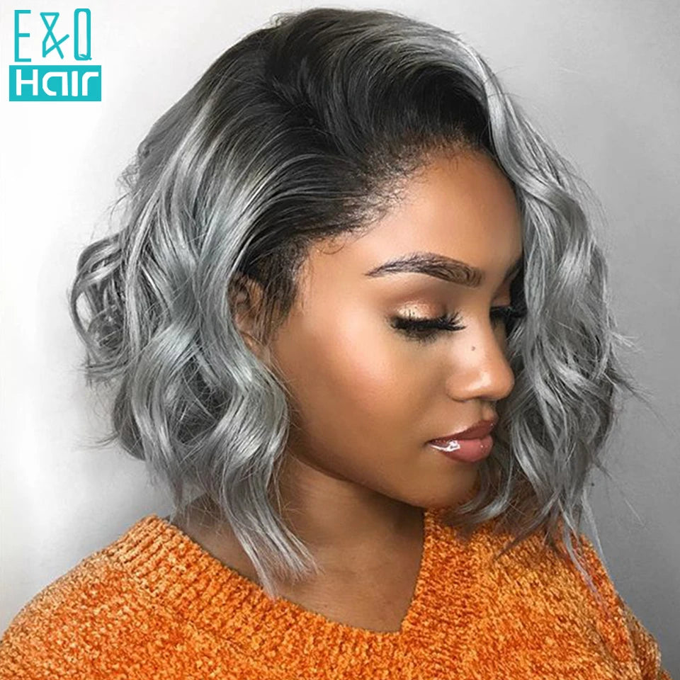 Grey Human Hair Wig Short BOB 13x4 Lace Front Human Hair Wigs For Women Pre Plucked Brazilian Remy Transparent Lace Wigs 180%