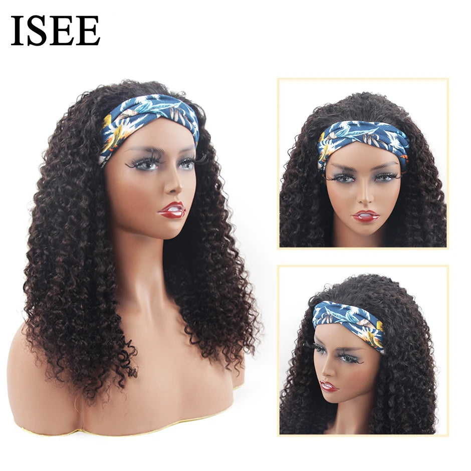 ISEE Natural Color Peruvian Kinky Curly Human Hair Wigs Full Machine Made Headband Glueless Scarf for Women 180% Density