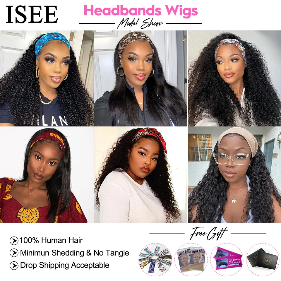 Brazilian Deep Wave Headband Wig Natural Hair 180% Density ISEE HAIR Deep Curly Headband Wig For Women Human Hair Wigs Scarf Wig