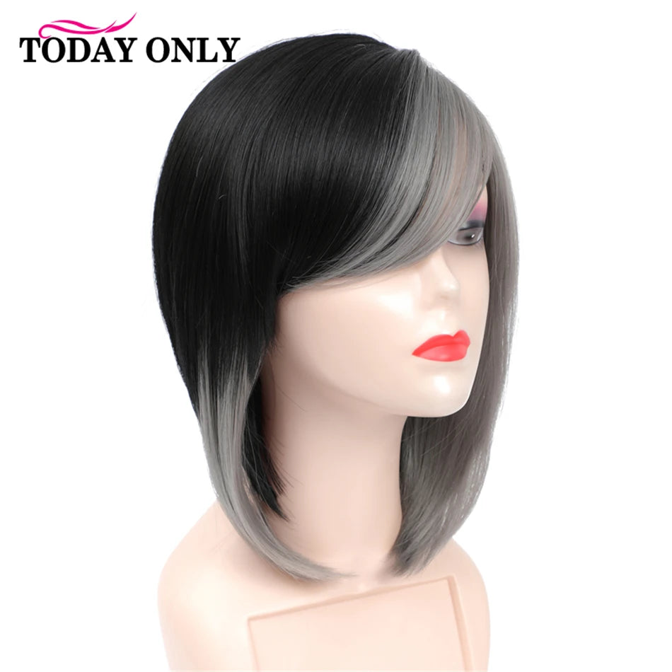 Short Straight Bob Wig Cheap Human Hair Wigs For Black Women Full Machine Wigs Highlight Natural Color With Grey Human Hair Wig