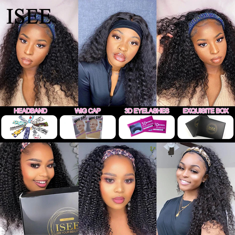 ISEE Natural Color Peruvian Kinky Curly Human Hair Wigs Full Machine Made Headband Glueless Scarf for Women 180% Density