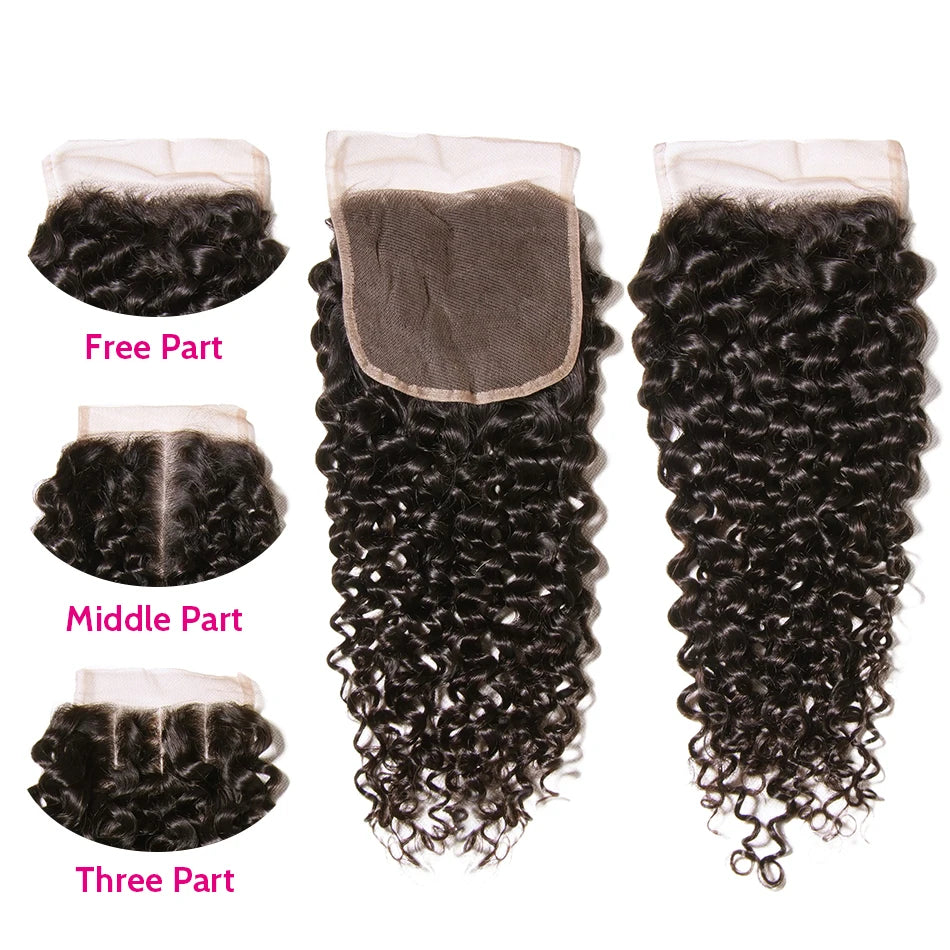 UNICE Hair Peruvian Curly Hair Closure Three Part 150% Density Human Hair Lace Closures Natural Color Remy Hair 10-20inch