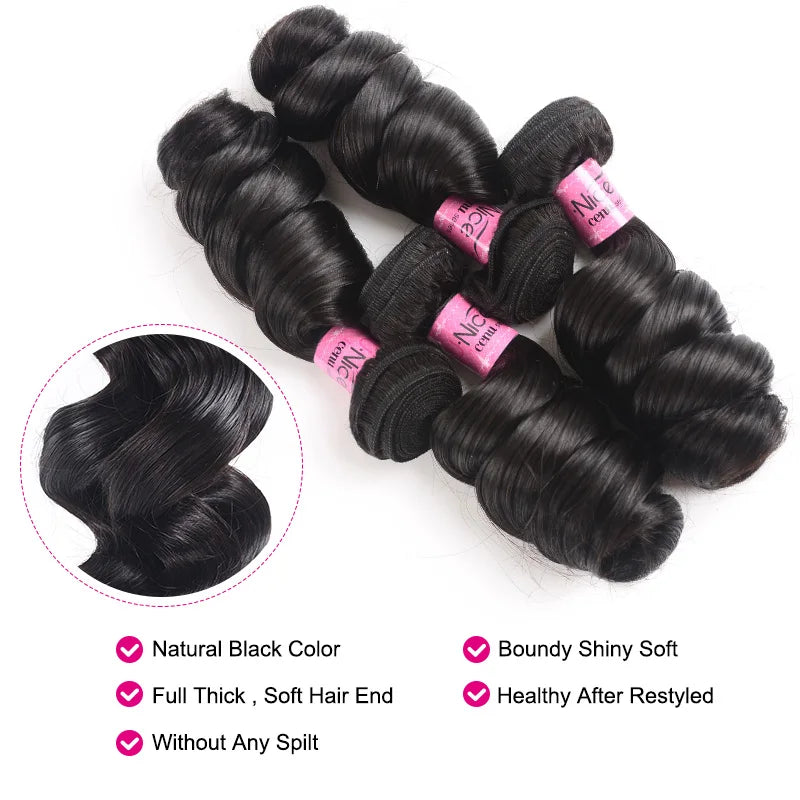 UNice Hair Brazilian Loose Wave Hair Extension 3 PCS 100% Human Hair Bundles Remy Hair Weave 16-26 Inch Natural Color