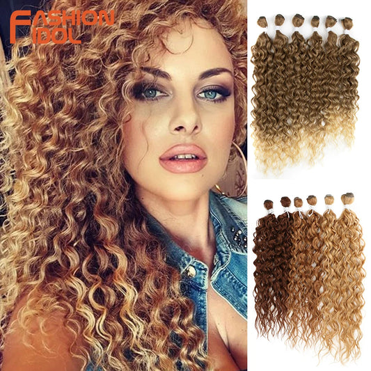 FASHION IDOL Afro Kinky Curly Hair Bundles Synthetic Hair Extensions 24-28inch 6Pcs/Lot Ombre Blonde Hair Weaves For Black Women