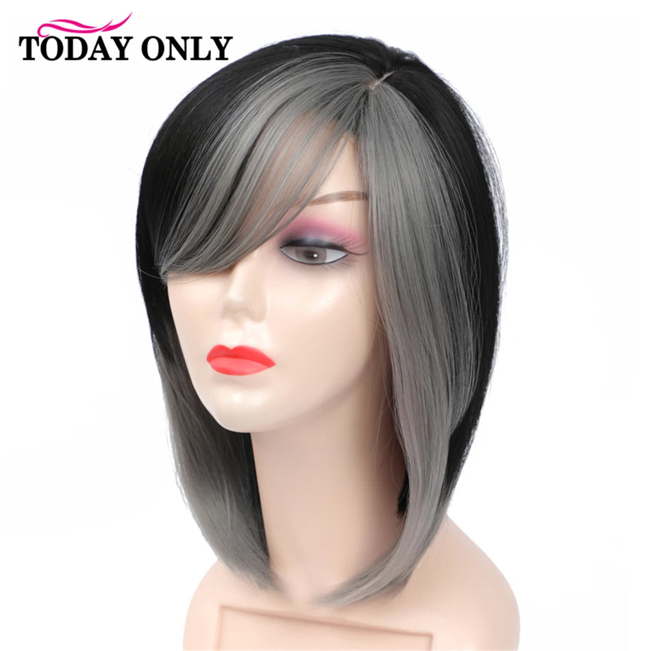 Short Straight Bob Wig Cheap Human Hair Wigs For Black Women Full Machine Wigs Highlight Natural Color With Grey Human Hair Wig