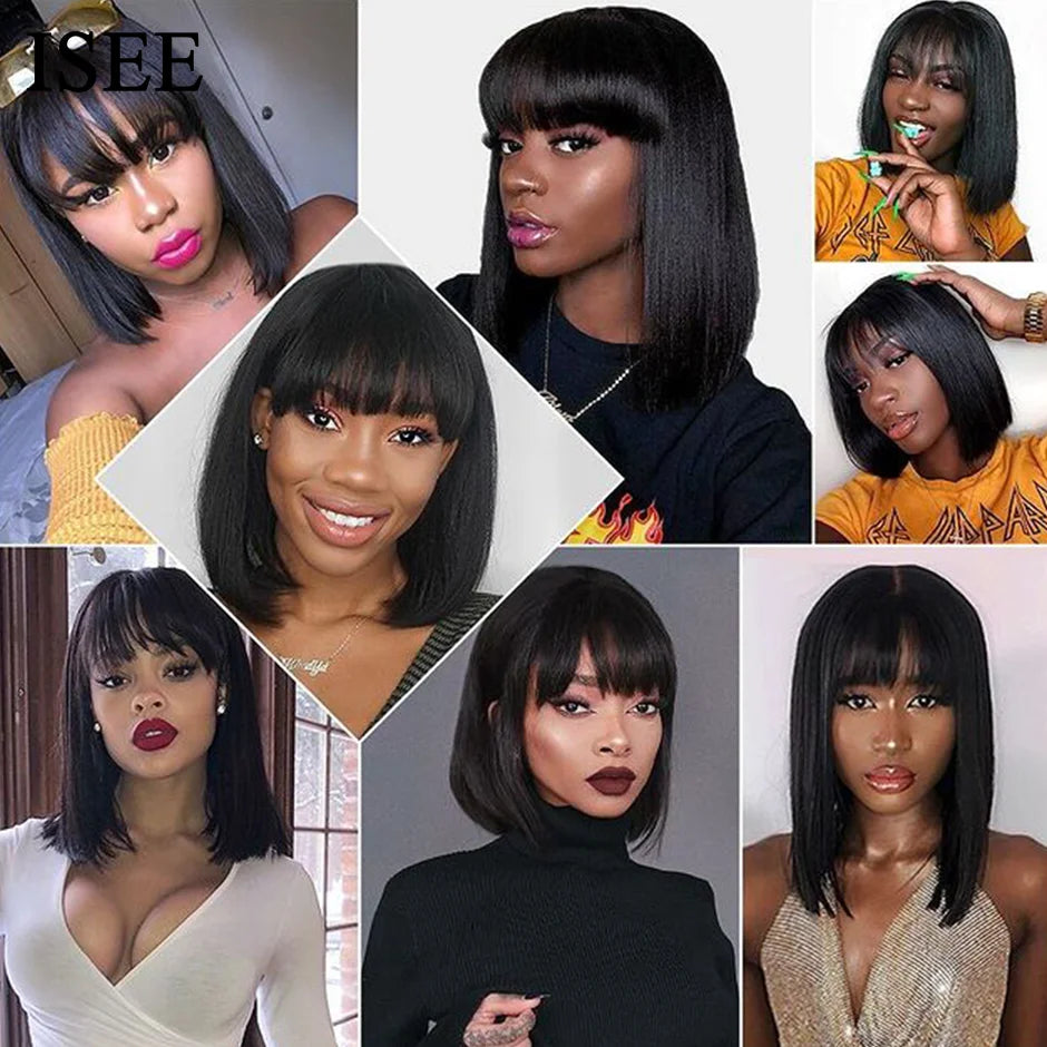 ISEE HAIR Machine Made Sew In Short Bob Wig With Bangs Human Hair Wigs  Brazilian Straight Wig with Bang For Women Glueless Wigs