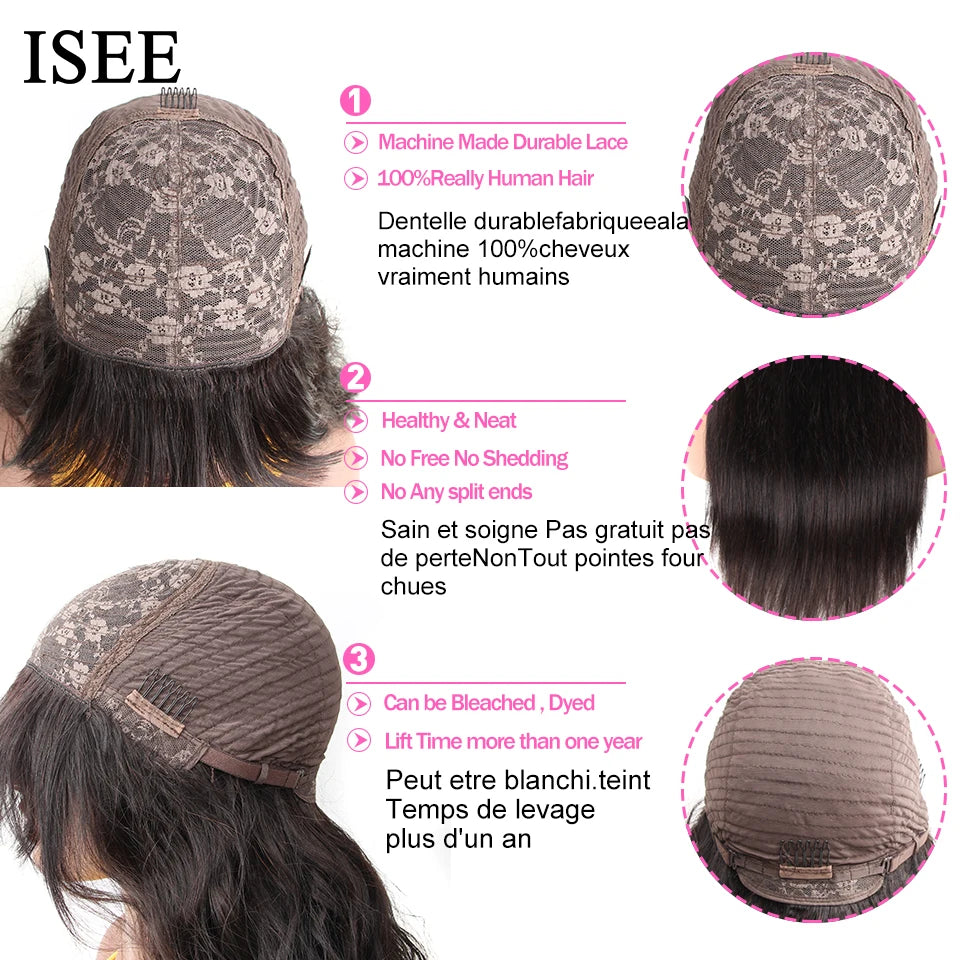 ISEE HAIR Straight Wig With Bang Brazilian Hair Wig Natural Color For Women Human Hair Glueless Full Machine Made Human Hair Wig