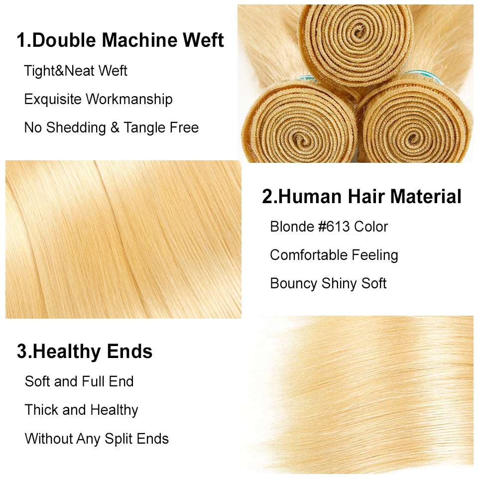 AliGrace Hair Brazilian Straight Hair Bundles Blonde 613 Human Hair Weaving Straight 1 3 4 Bundles Remy Honey Blonde Hair Weaves