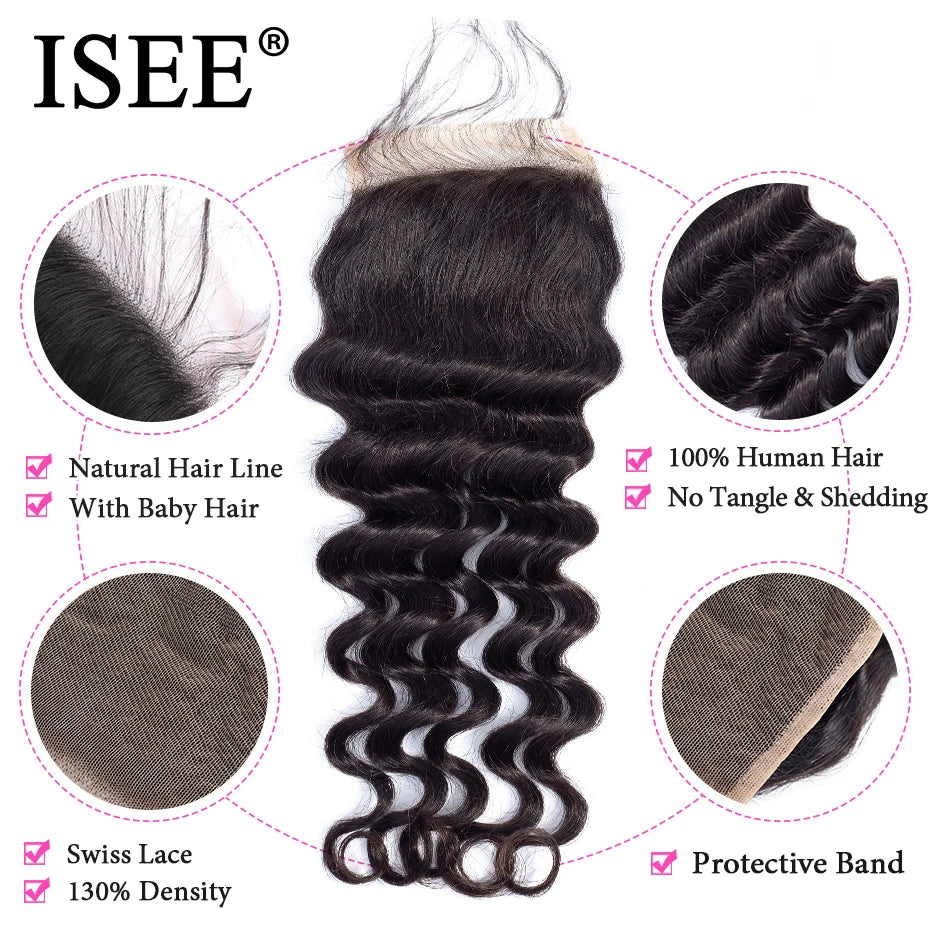 ISEE HAIR Brazilian Loose Deep Lace Closure Remy Hair Free Part 4"*4" Based Closure Can Be Dyed Free Shipping Nature Color