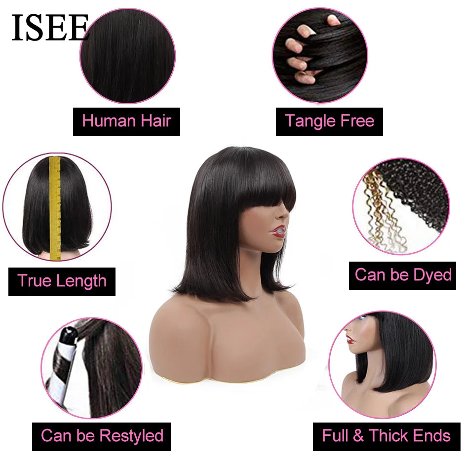 ISEE HAIR Machine Made Sew In Short Bob Wig With Bangs Human Hair Wigs  Brazilian Straight Wig with Bang For Women Glueless Wigs