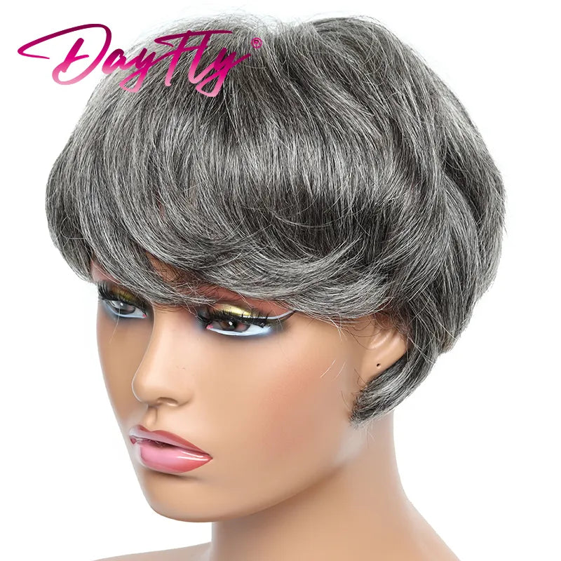 Short Grey Wigs Highlight Pixie Cut Wig With Bangs Brazilian Hair Natural Wave Wigs Ombre P1B 30 44 34 Human Hair Wigs For Women