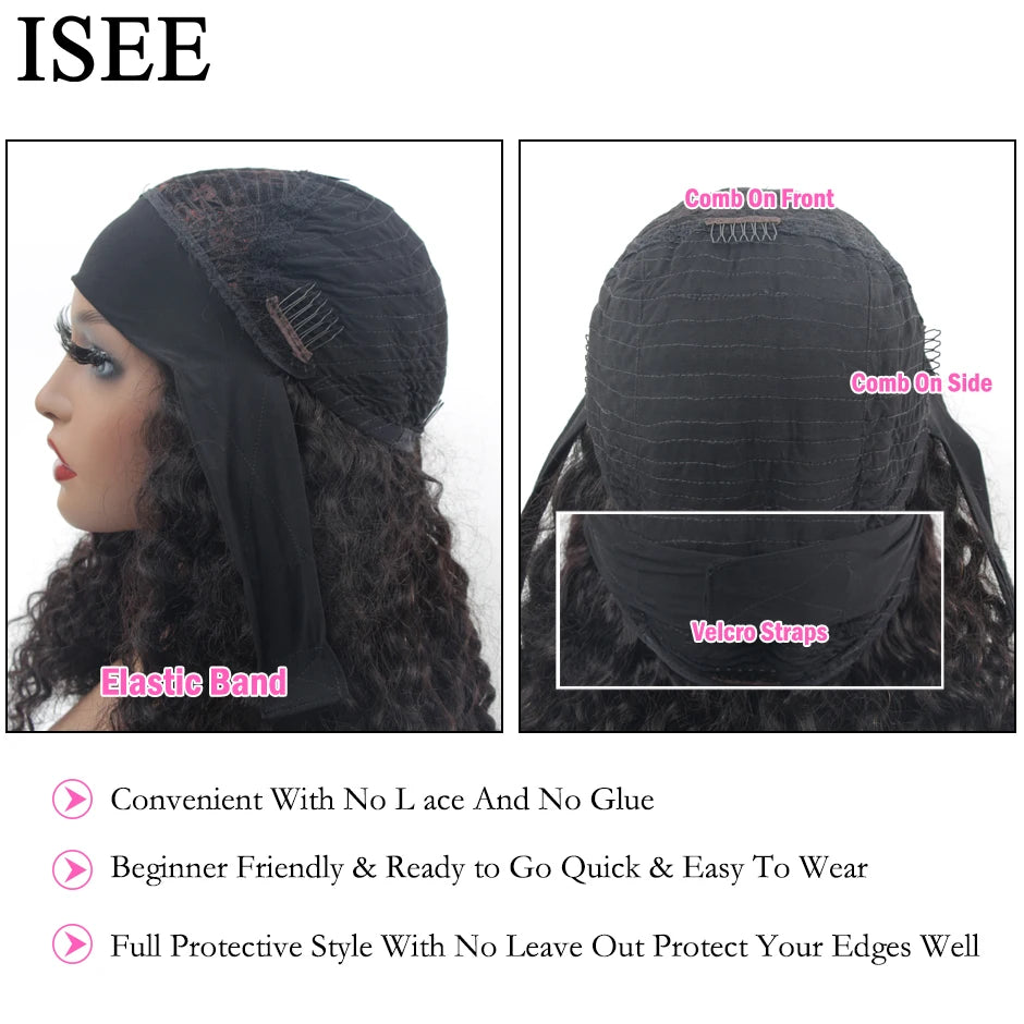 Brazilian Deep Wave Headband Wig Natural Hair 180% Density ISEE HAIR Deep Curly Headband Wig For Women Human Hair Wigs Scarf Wig