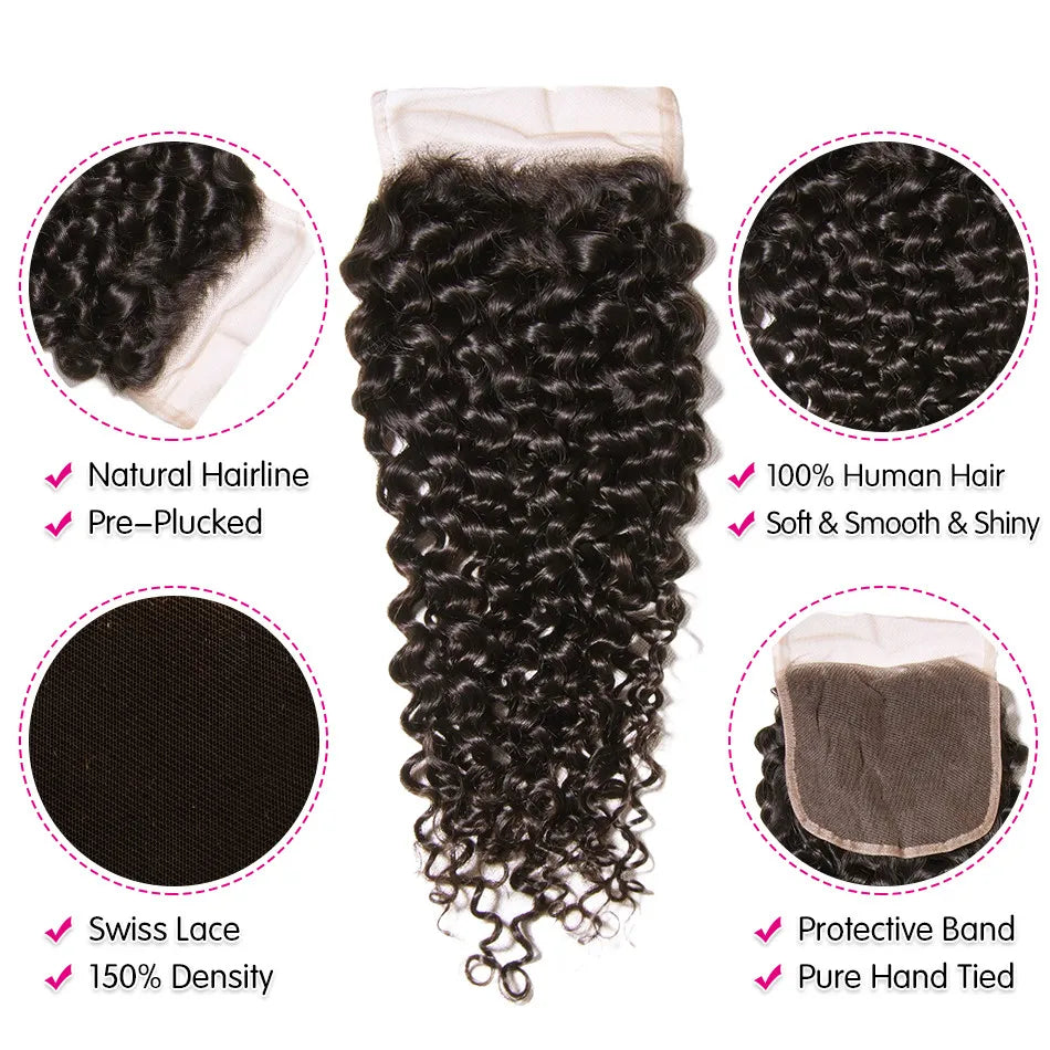 UNICE Hair Peruvian Curly Hair Closure Three Part 150% Density Human Hair Lace Closures Natural Color Remy Hair 10-20inch