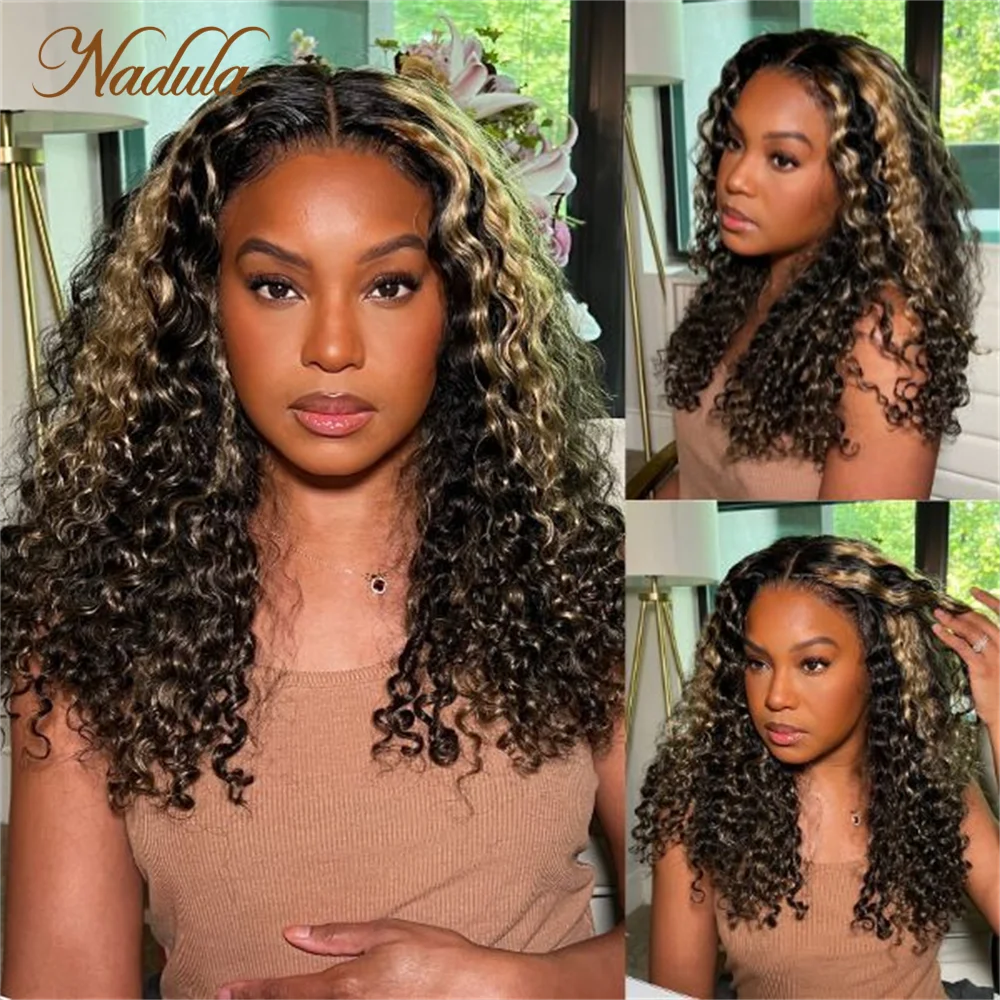 Nadula Curly Hair 7x5 Pre Cut Lace Closure Wig Balayage Black and blonde Highlights Kinky Curly Wig Pre Bleached Knots