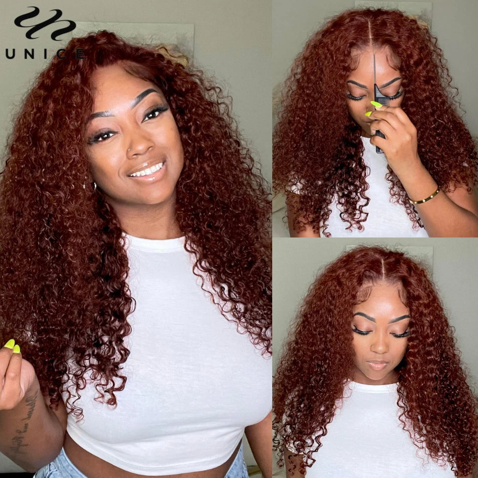 UNice Bye-Bye Knots Wig 7x5 Deep Curly Wear Go Glueless Wig Human Hair Pre-Cut Lace Closure Wig 33B Reddish Brown Wig for Women