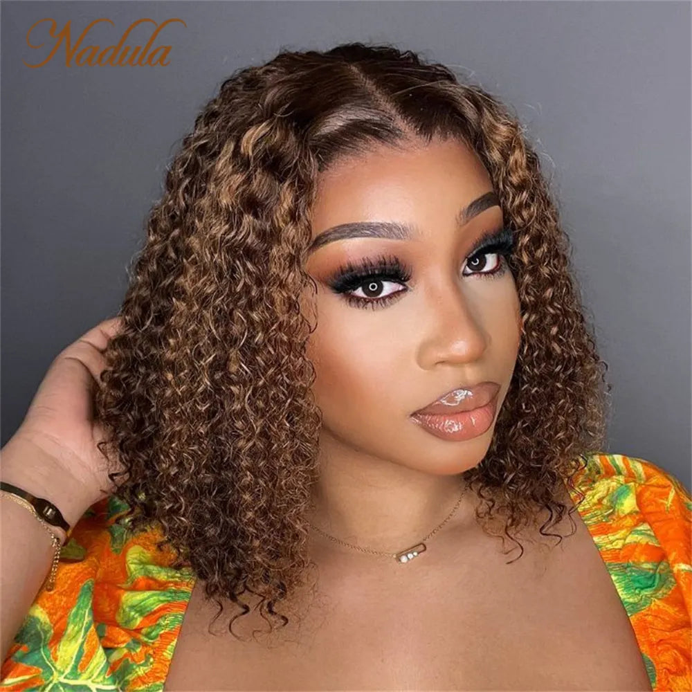 Nadula Hair Water Wave 6x4.75 Pre-Cut Lace Closure Wig Piano Brown Highlight Color 3 Second Install Curly Hair Cute Bob Wig