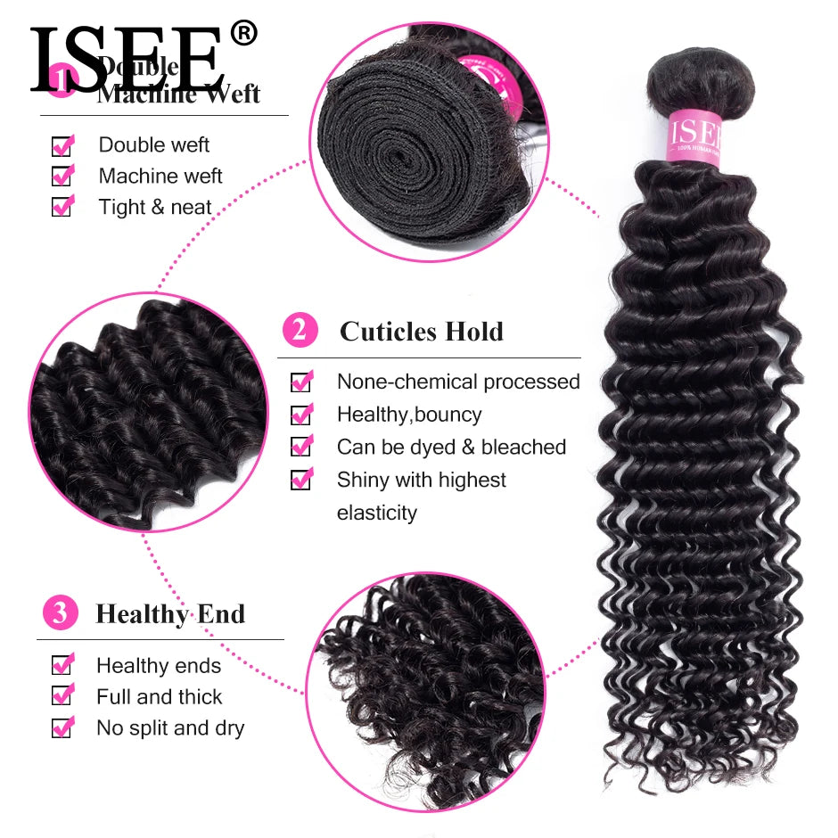 ISEE HAIR Brazilian Human Hair Bundles Free Shipping 3/4 Bundles Hair Extension Brazilian Deep Wave Hair Weave Bundles