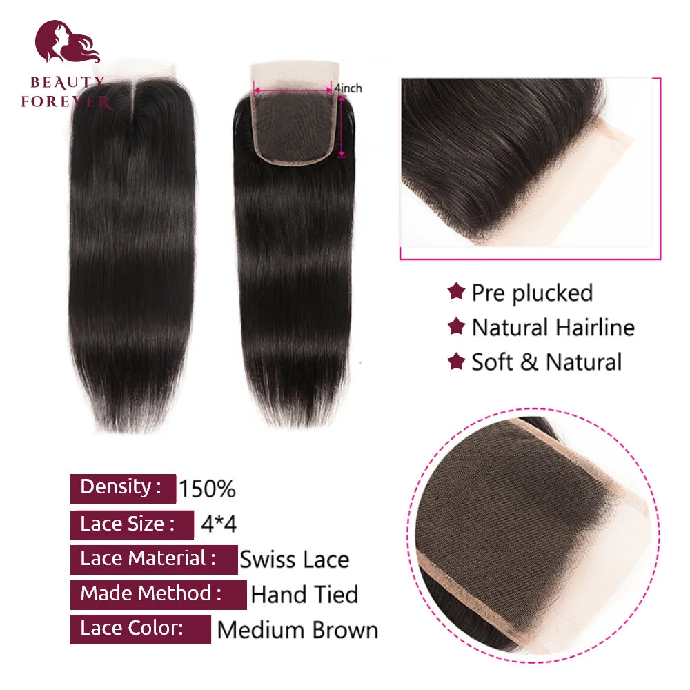 Beauty Forever Brazilian Straight Virgin Human Hair Bundles With Closure 5x5 HD Lace Closure Brazilian Human Hair Weaves