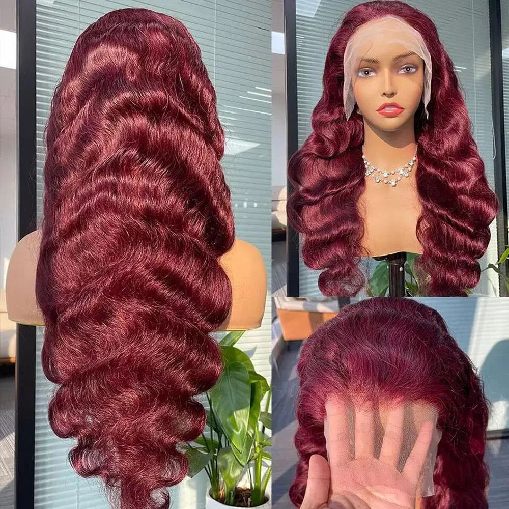 30 34Inch 280 Density 99J Burgundy Body Wave Wigs Glueless 13x4 Lace Frontal Human Hair Wigs For Women Wine Red Lace Closure Wig