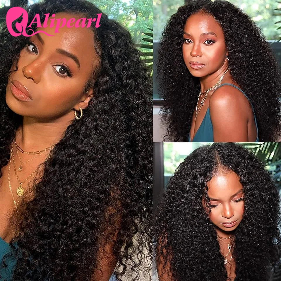 Kinky Curly V Part Wig Human Hair Brazilian Curly Upgrade U Part Wig Glueless No Leave Out Middle Part Wig 180 Density Ali Pearl