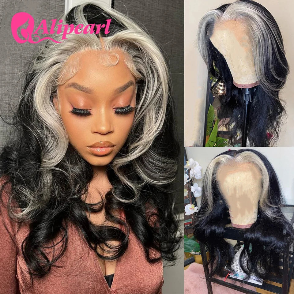 AliPearl Highlight Grey Transparent Lace Human Hair Wigs Skunk Stripe Grey Body Wave 5x5 Lace Closure Wig For Women Pre-Plucked