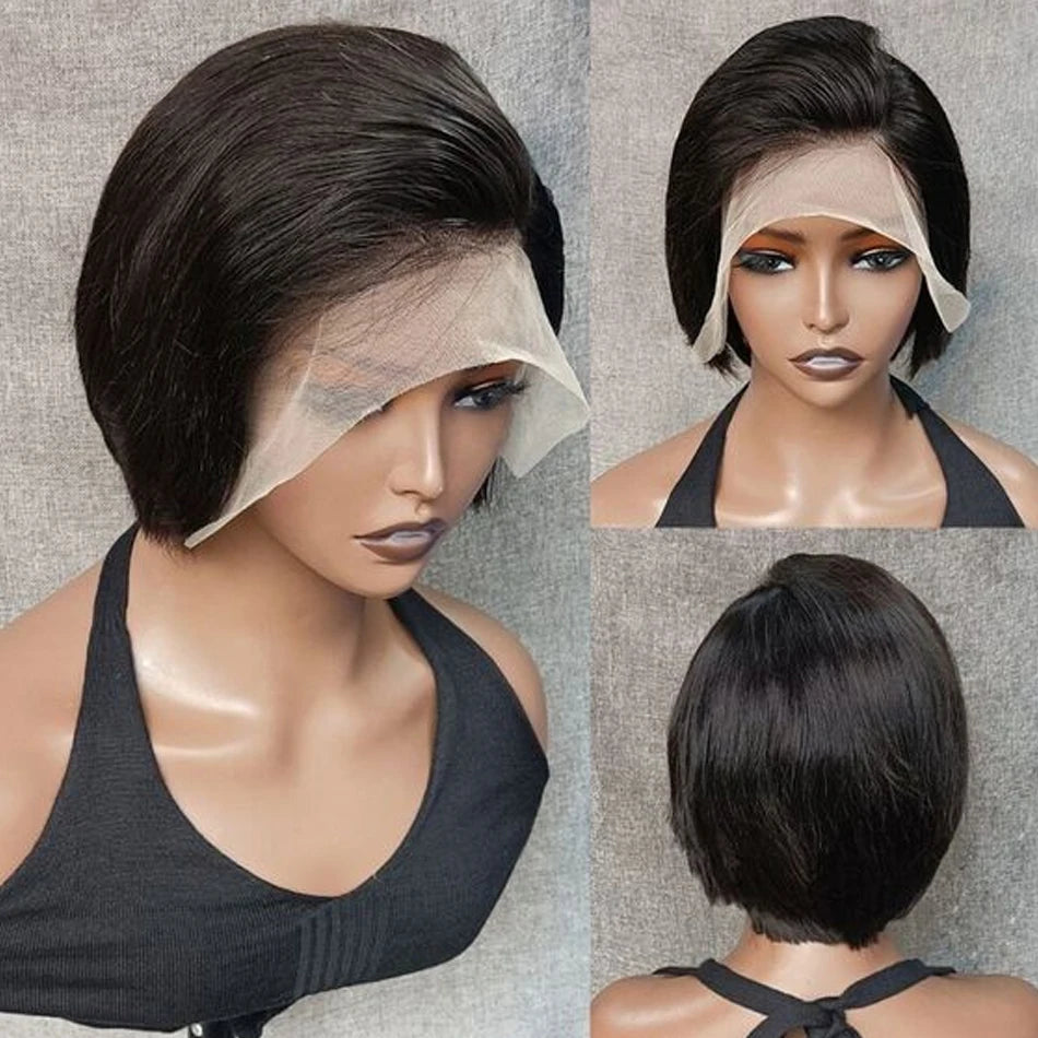 Human Hair 13X2 Wigs Short Pixie Cut Wigs Straight Bob HD Transparent ISEE Lace Frontal Wigs For Black Women 250Density Perruque