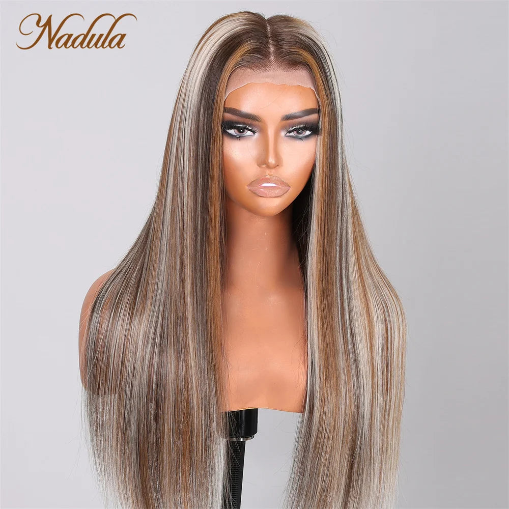 Nadula Straight Hair 13x4 Lace Front Wig Bright Blonde Hair Highlights on Dark Brown Hair 150% Density Mocca & Pale Latte Blonde