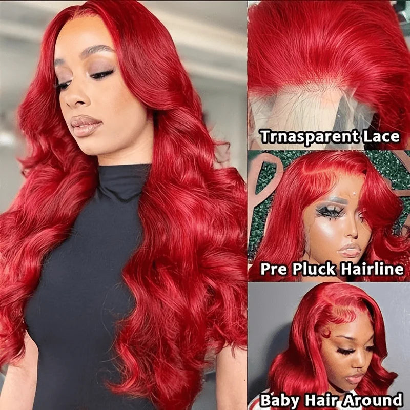 Hot Red Hd 13x4 Body Wave Lace Frontal Wigs For Women Transparent 99J Burgundy Wave Lace Front Wigs Red Colored  Human Hair Wigs