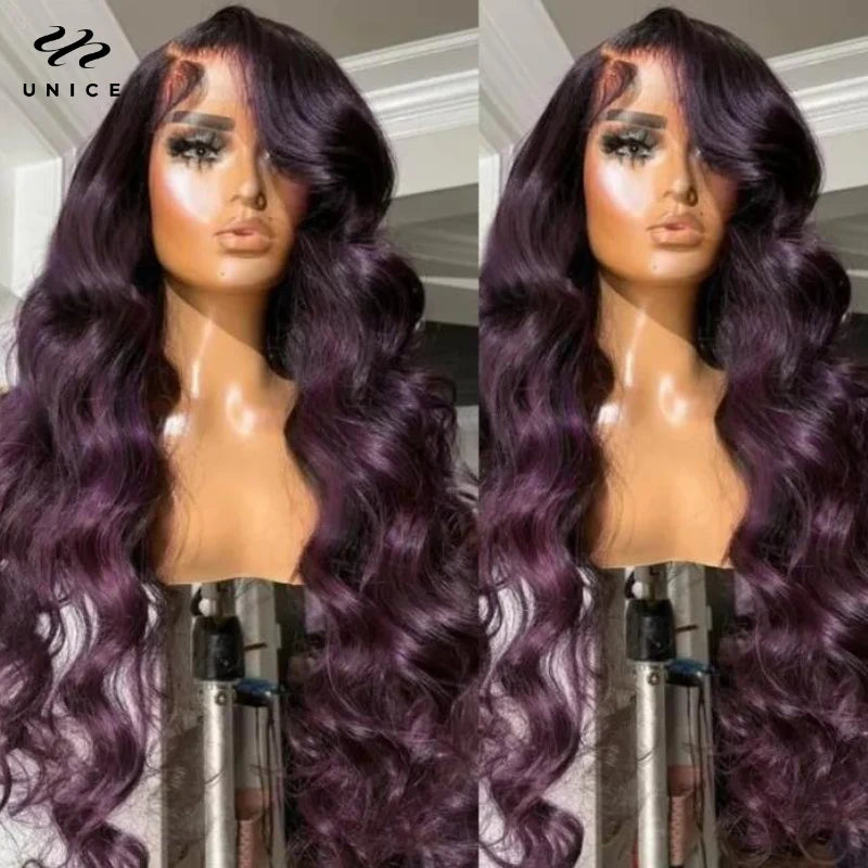 UNice Smokey Deep Purple Ombre 13x4 Lace Front Body Wave Wig 180% Density Human Hair Wig A Rich Purple Hair Look