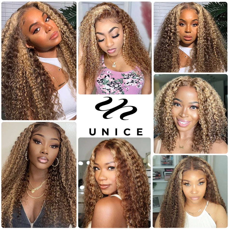 UNice Hair Honey Blonde Curly Lace Wigs Real Gluleless Pre-Cut 6x4.75 Lace Wig Upgrade 7x5 Inch Pre Bleached Human Hair Wigs