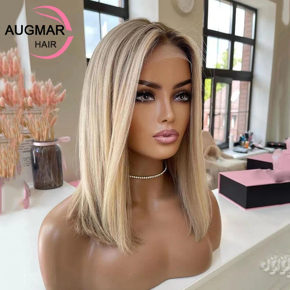 Short Ash Blonde 360 Lace Frontal Wig Brown Highlight Wig Human Hair 13x4 Straight Bob Wig Lace Front Human Hair Wigs For Women