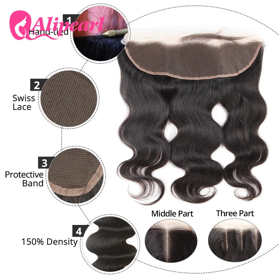 Ali Pearl Body Wave Transparent Lace Frontal Pre-Plucked with Baby Hair Brazilain 13x4 Lace Frontal For Women 100% Human Hair