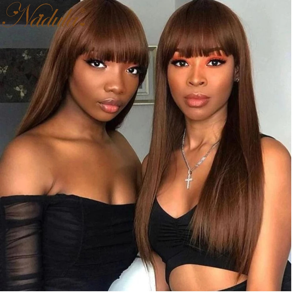 Nadula Hair Chocolate Brown Color Straight With Bangs Classic Cap Layer Cut Wigs 100% Human Hair Wigs Machine Made  For Women