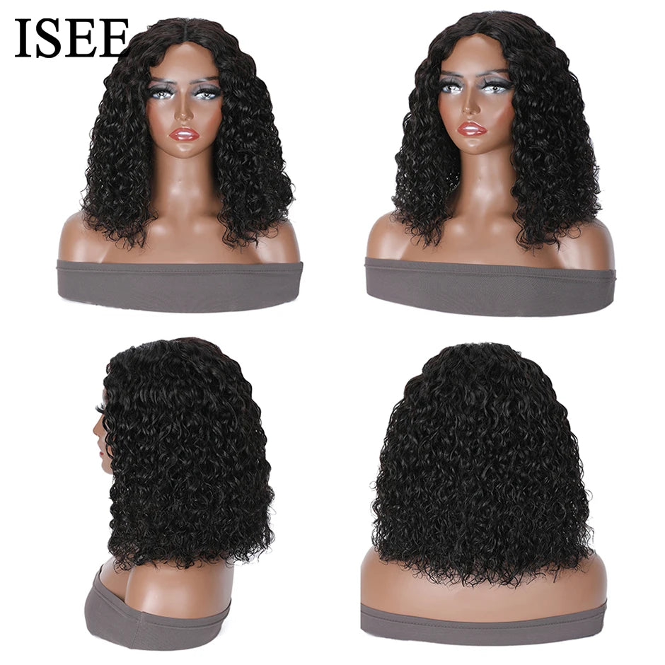 ISEE HAIR V Part Wig Water Wave Bob Wig Human Hair Wigs For Women V Shape Glueless Wig Minimal or No Leave Out U Part Wig