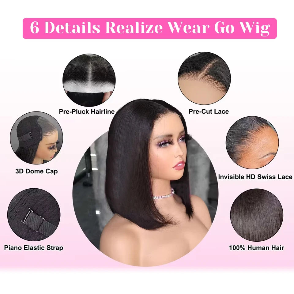 ISEE Hair Wear Go Glueless Wigs Preplucked Straight Short Bob Prebleached Ready To Wear Wigs For Women Pre Cut Lace Wear Go Wig