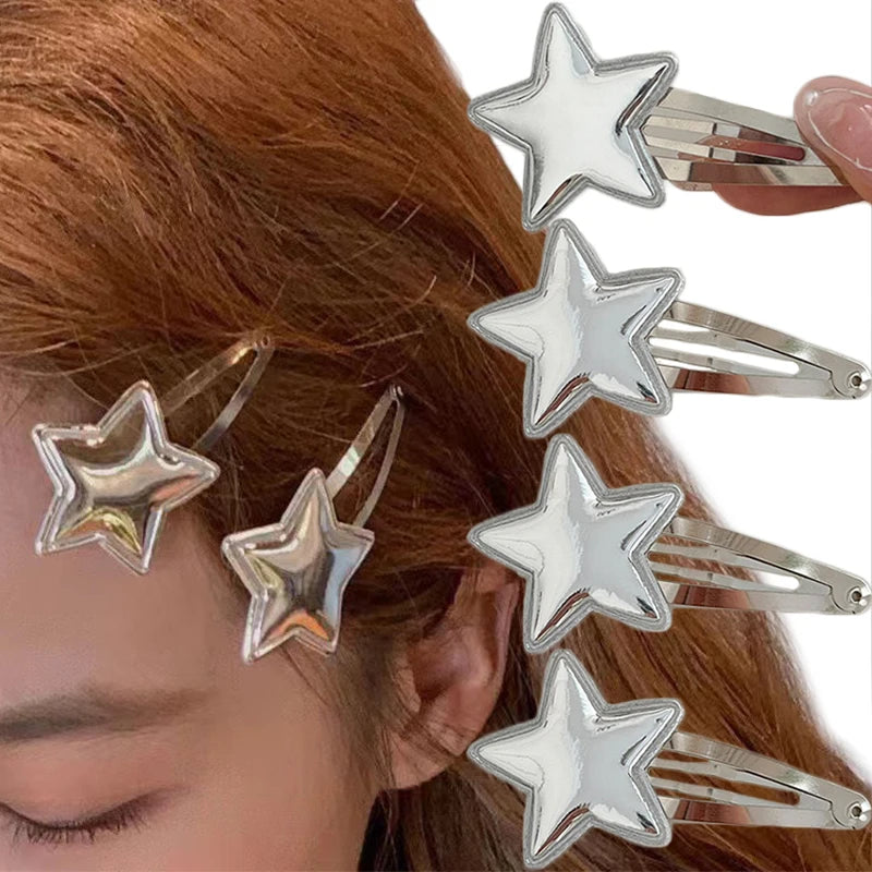 4pcs Star PU Hair Clips Metal Bobby Pin Y2K Silver BB Snap Clip Hairpins Cute Barrette Headwear Girls Women Hair Accessoires