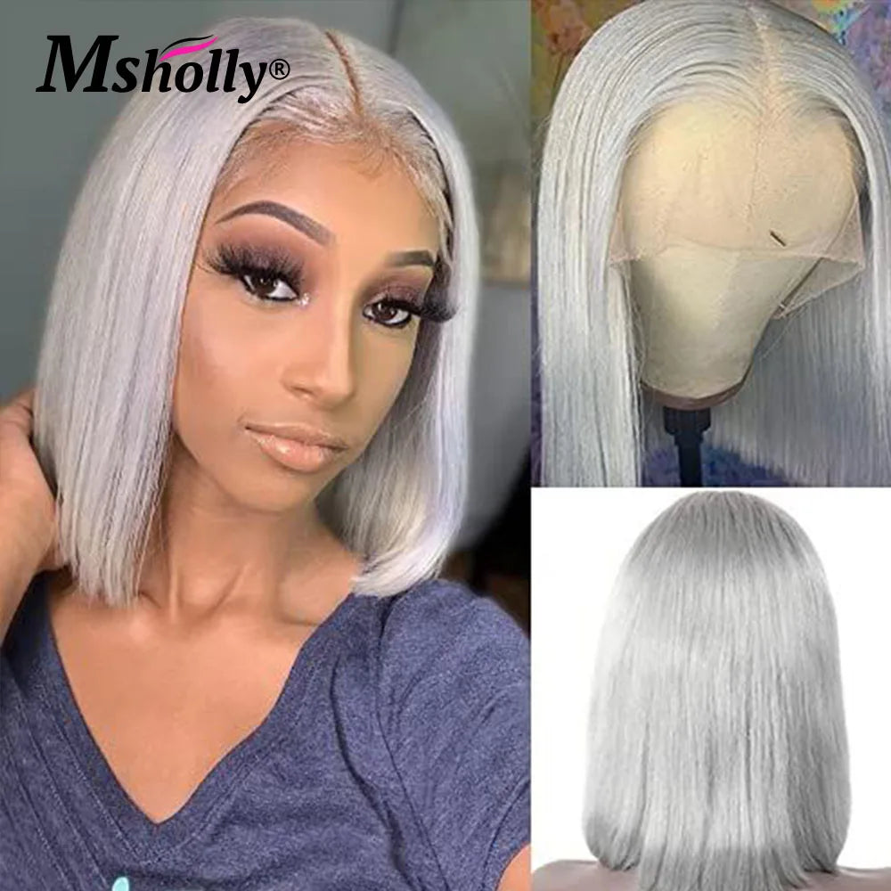 Grey Bob Short Bob Wig Human Hair HD Transparent Lace Front Wig Silver Gray Blonde Wig For Women Guleless Remy Hair Preplucked