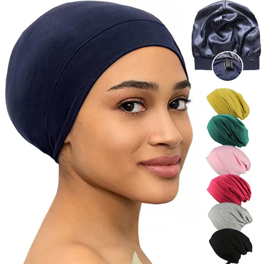 Soft Stretch Satin Bonnet Fashion Lined Sleeping Beanie Hat Bamboo Headwear Frizzy Natural Hair Nurse Cap for Women and Men