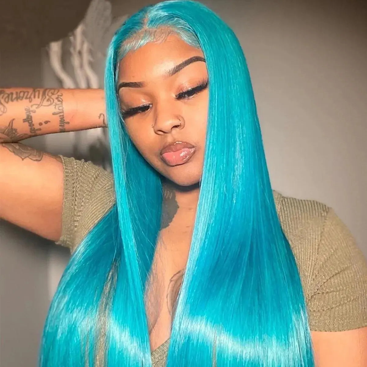 13x4 Deep Lace Front Wig Soft Glueless Natural Sky Blue Color 26" Long Silky Straight For Women Baby Hair 180%Density Preplucked