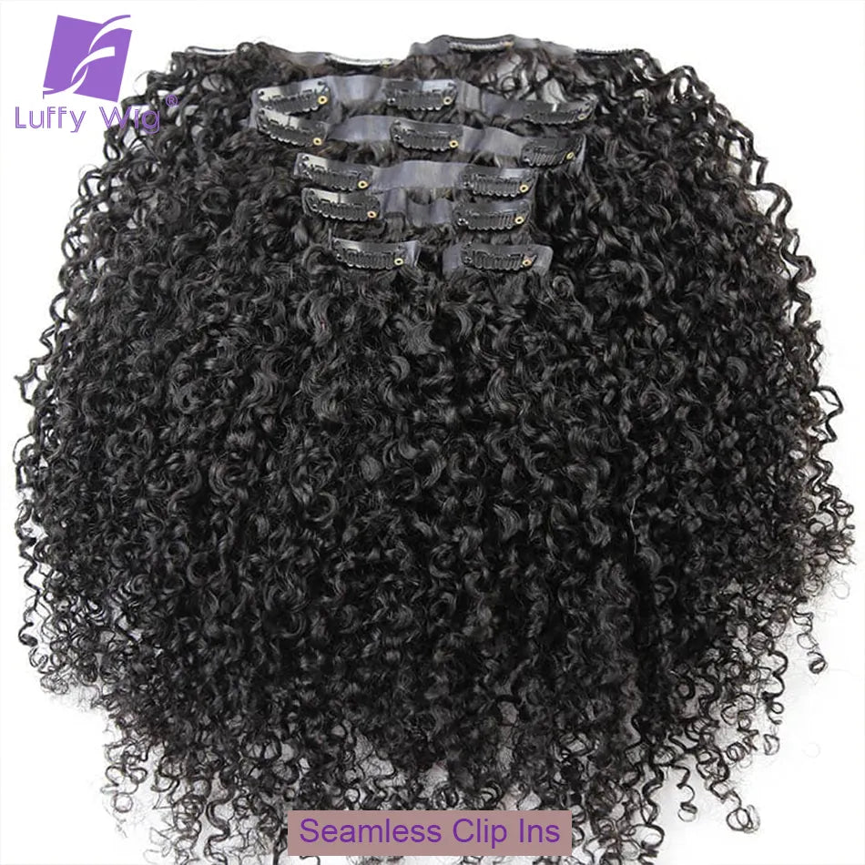 PU Clip in Extensions Human Hair Brazilian Remy Afro Kinky Curly Hair Bundles Seamless Skin Weft Clip-on Hair Pieces 100G Luffy